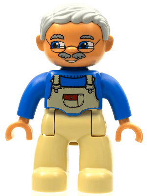 LEGO Duplo Figure Lego Ville Male Blue Top with Tan Overalls Bib Glasses Light Bluish Gray Hai (47394pb011b) Duplo Minifigure