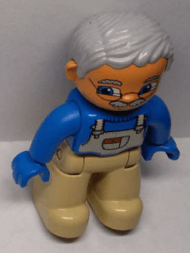 LEGO Duplo Figure Lego Ville Male Blue Top with White Overalls Bib Light Bluish Gray Hair (47394pb011c) Duplo Minifigure