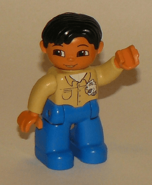 LEGO Duplo Figure Lego Ville Male Tan Top with Buttons and Rag in Pocket Black Hair (47394pb023a) Duplo Minifigure