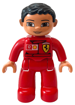 LEGO Duplo Figure Lego Ville Male Red Top with Ferrari / Shell / Vodafone Pattern Black Hair (47394pb027) Duplo Minifigure