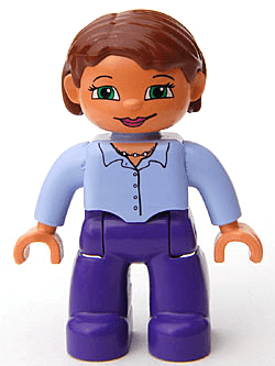 Duplo Figure Lego Ville, Female, Dark Purple Legs, Light Lilac Button Top with Necklace, Nougat Hands, Reddish Brown Hair, Green Eyes