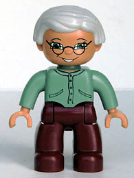 LEGO Duplo Figure Lego Ville Female Sand Green Sweater Very Light Gray Hair Glasses (47394pb030) Duplo Minifigure