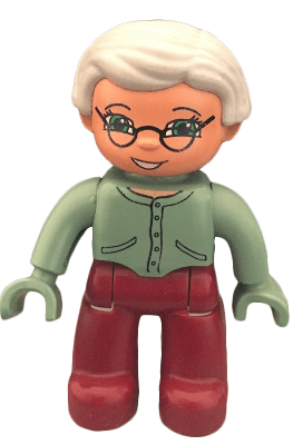 LEGO Duplo Figure Lego Ville Female Sand Green Sweater and Hands Very Light Gray Hair Glasses (47394pb030b) Duplo Minifigure