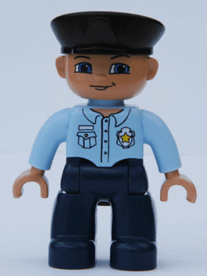 LEGO Duplo Figure Lego Ville Male Police Black Hat Bright Light Blue Shirt with Badge (47394pb034) Duplo Minifigure