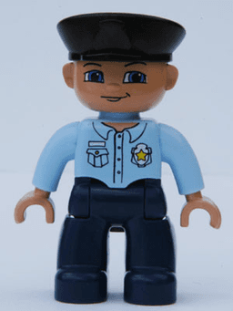 Duplo Figure Lego Ville, Male Police, Black Hat, Nougat Head and Hands, Bright Light Blue Shirt with Badge, Dark Blue Legs