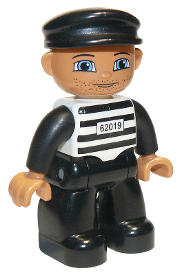 LEGO Duplo Figure Lego Ville Male Prisoner Black Cap Black and White Striped Shirt with '62019' (47394pb035) Duplo Minifigure