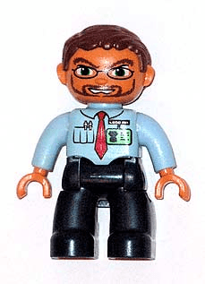 LEGO Duplo Figure Lego Ville Male Light Blue Top with Red Tie and ID Badge Reddish Brown Hair B (47394pb044) Duplo Minifigure