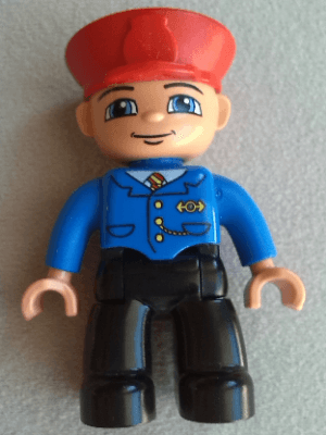 LEGO Duplo Figure Lego Ville Male Train Conductor Red Hat Smile with Closed Mouth (47394pb051) Duplo Minifigure