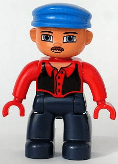 LEGO Duplo Figure Lego Ville Male Red Top with Black Vest Blue Cap Moustache (47394pb062) Duplo Minifigure