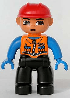 LEGO Duplo Figure Lego Ville Male Orange Vest with Two Pockets and Pen Red Construction Helmet (47394pb063) Duplo Minifigure