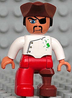 Duplo Figure Lego Ville, Male Pirate, Red Legs, White Top with Buttons and Green Spots, Reddish Brown Pirate Hat, Eye Patch, Peg Leg