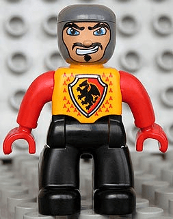 Duplo Figure Lego Ville, Male Castle, Black Legs, Bright Light Orange Chest, Red Arms, Red Hands, Wide Crooked Grin