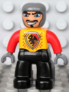 Duplo Figure Lego Ville, Male Castle, Black Legs, Bright Light Orange Chest, Red Arms, Dark Bluish Gray Hands, Wide Crooked Grin (4265815)