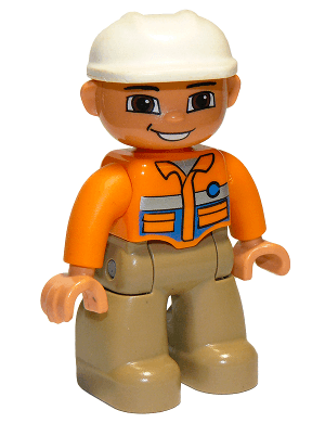 LEGO Duplo Figure Lego Ville Male Orange Shirt White Construction Helmet Blue Button (47394pb102a) Duplo Minifigure