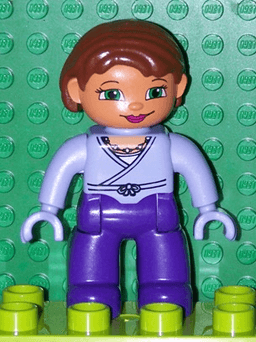 Duplo Figure Lego Ville, Female, Dark Purple Legs, Light Lilac Wrap Top with Necklace, Light Lilac Hands, Reddish Brown Hair, Green Eyes
