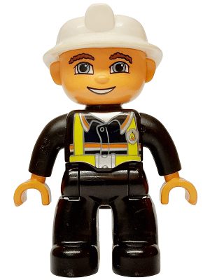 Duplo Figure Lego Ville, Male Fireman, Black Legs, Nougat Hands, White Helmet, Blue Eyes