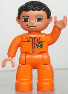LEGO Duplo Figure Lego Ville Male Orange Top with Recycle Logo Black Hair (47394pb133) Duplo Minifigure