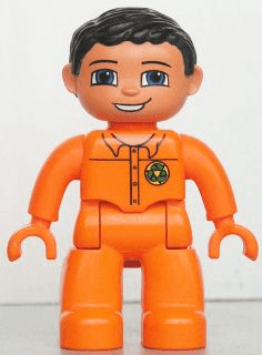 LEGO Duplo Figure Lego Ville Male Orange Top with Recycle Logo Black Hair (47394pb134) Duplo Minifigure