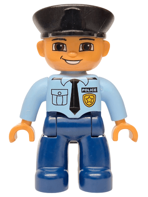 LEGO Duplo Figure Lego Ville Male Police Light Blue Top with Badge and Tie Black Hat (47394pb141) Duplo Minifigure