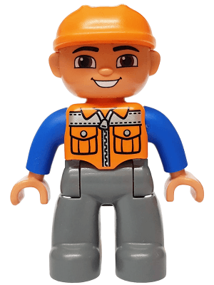 Duplo Figure Lego Ville, Male, Dark Bluish Gray Legs, Orange Vest with Zipper and Pockets, Orange Construction Helmet