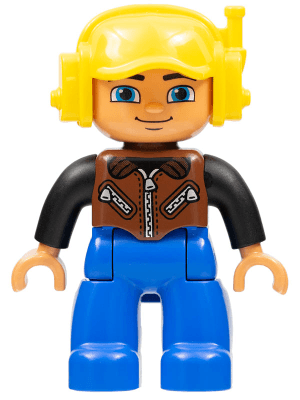 LEGO Duplo Figure Lego Ville Male Brown Vest with Zipper and Zippered Pockets Yellow Cap with H (47394pb157) Duplo Minifigure