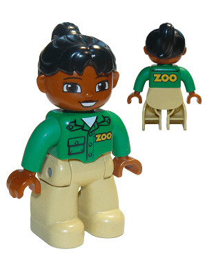 LEGO Duplo Figure Lego Ville Female Green Top with 'ZOO' on Front and Back Black Ponytail Hair (47394pb158) Duplo Minifigure