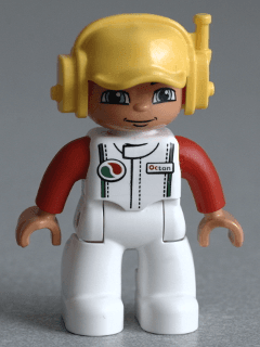 LEGO Duplo Figure Lego Ville Male White Race Top with Octan Logo Yellow Cap with Headset (47394pb160) Duplo Minifigure