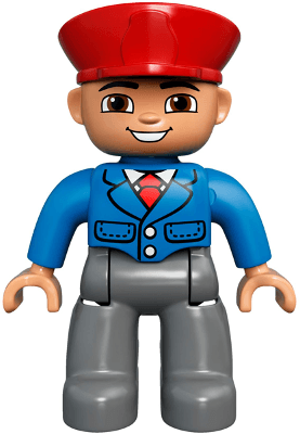 LEGO Duplo Figure Lego Ville Male Red Hat Smile with Teeth (Train Conductor) (47394pb165) Duplo Minifigure
