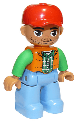 Duplo Figure Lego Ville, Male, Medium Blue Legs, Orange Vest, Dark Green Plaid Shirt, Bright Green Arms, Red Cap, Oval Eyes (6273449)