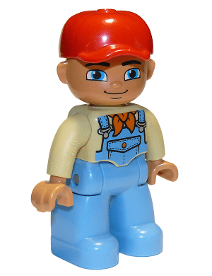 LEGO Duplo Figure Lego Ville Male Tan Top with Medium Blue Overalls Bandana Red Cap (47394pb167) Duplo Minifigure