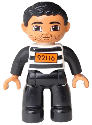 LEGO Duplo Figure Lego Ville Male Black and White Striped Top with Number 92116 Black Hair (Pri (47394pb168) Duplo Minifigure
