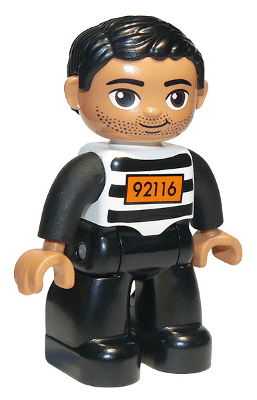 LEGO Duplo Figure Lego Ville Male Black and White Striped Top with Number 92116 Black Hair (Pr (47394pb168a) Duplo Minifigure