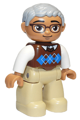 LEGO Duplo Figure Lego Ville Male Reddish Brown Argyle Sweater Vest Light Bluish Gray Hair Gla (47394pb174a) Duplo Minifigure