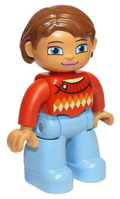 Duplo Figure Lego Ville, Female, Medium Blue Legs, Red Sweater with Diamond Pattern, Reddish Brown Hair, Blue Eyes