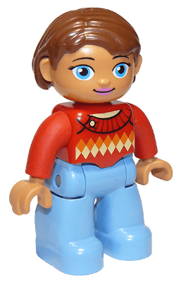 LEGO Duplo Figure Lego Ville Female Red Sweater with Diamond Pattern Reddish Brown Hair Blue O (47394pb180a) Duplo Minifigure