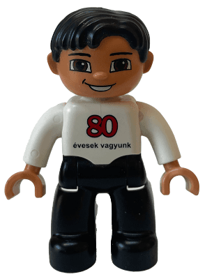 LEGO Duplo Figure Lego Ville Male White Top Black Hair '80 evesek vagyunk' on Front LEGO Logo o (47394pb181) Duplo Minifigure