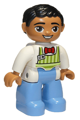 Duplo Figure Lego Ville, Male, Medium Blue Legs, Lime Striped Apron, Red Bow Tie, Black Hair, Oval Eyes