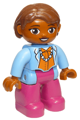 Duplo Figure Lego Ville, Female, Magenta Legs, Medium Blue Top with Necklace, Dark Orange Head, Reddish Brown Hair, Oval Eyes