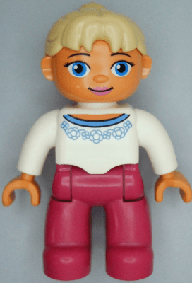LEGO Duplo Figure Lego Ville Female Magenta Legs White Sweater with Blue Flowers Pattern Tan P (47394pb197a) Duplo Minifigure