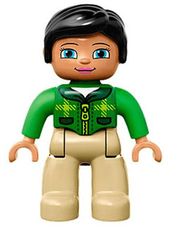 LEGO Duplo Figure Lego Ville Female Green Top with Tartan Plaid and Zipper Black Hair (47394pb203) Duplo Minifigure