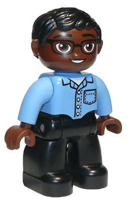 LEGO Duplo Figure Lego Ville Male Medium Blue Shirt with Pocket Glasses Black Hair Oval Eyes (47394pb208a) Duplo Minifigure