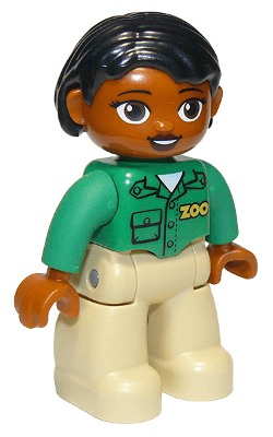 LEGO Duplo Figure Lego Ville Female Green Top with 'ZOO' on Front Black Hair Oval Eyes (47394pb209a) Duplo Minifigure