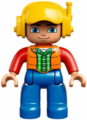 LEGO Duplo Figure Lego Ville Male Orange Vest Dark Green Plaid Shirt Yellow Cap with Headset (47394pb231) Duplo Minifigure