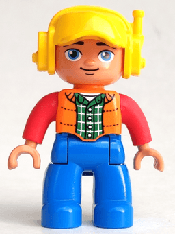 Duplo Figure Lego Ville, Male, Blue Legs, Orange Vest, Dark Green Plaid Shirt, Red Arms, Yellow Cap with Headset, Oval Eyes