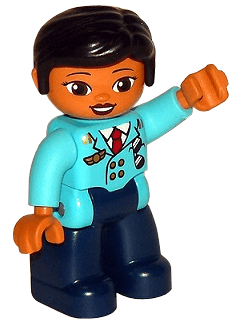 LEGO Duplo Figure Lego Ville Female Pilot Medium Azure Top with Red Tie Black Hair (47394pb249) Duplo Minifigure