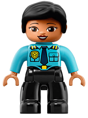 LEGO Duplo Figure Lego Ville Female Police Medium Azure Top with Badge and Epaulettes Black Hai (47394pb262) Duplo Minifigure