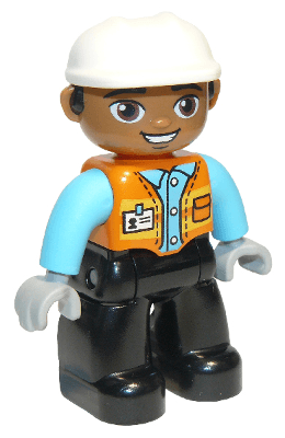 LEGO Duplo Figure Lego Ville Male Orange Vest with Badge and Pocket Medium Azure Arms White Con (47394pb289) Duplo Minifigure