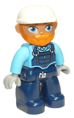 LEGO Duplo Figure Lego Ville Male Medium Azure Top with Dark Blue Overalls White Construction H (47394pb290) Duplo Minifigure