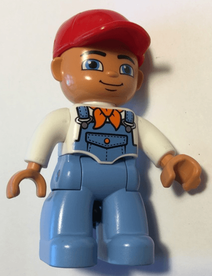 LEGO Duplo Figure Lego Ville Male White Top with Medium Blue Overalls Bandana Red Cap (47394pb302a) Duplo Minifigure