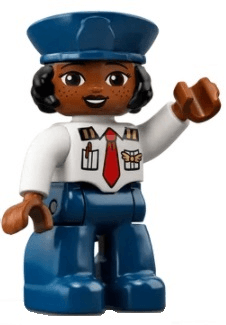 LEGO Duplo Figure Lego Ville Female Pilot White Top with Red Tie Dark Blue Hat with Black Hair (47394pb320) Duplo Minifigure